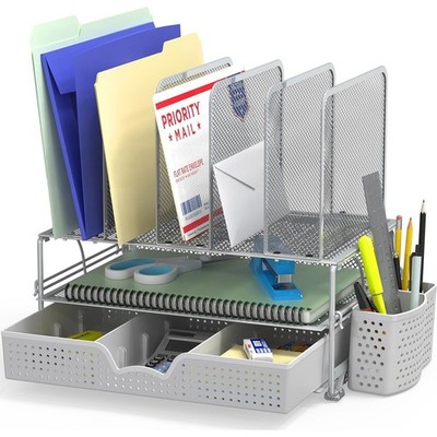 Simple Houseware Mesh Desk Organizer with Sliding Drawer, Double Tray and 5
