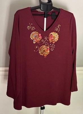 Quacker Factory Womens Shirt Plus Size 2X Long Sleeve Thanksgiving Turkey Shirt