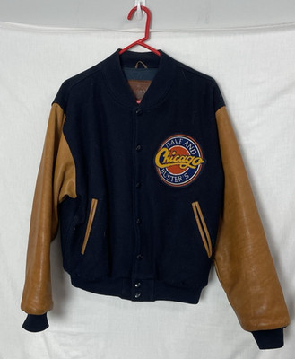 Dave & Busters Letterman Jacket Adult Size Small Leather Brown Sleeves Navy Wool