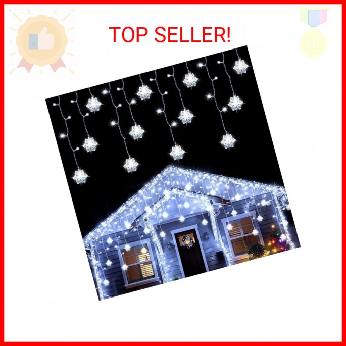 Weillsnow 29.5ft 360 LED Icicle Christmas Lights with 72 Snowflake Drops