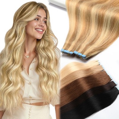 Glatt/Gewellt Tape In Hair Extensions Remy Echthaar Haarverlängerung 40 Tressen