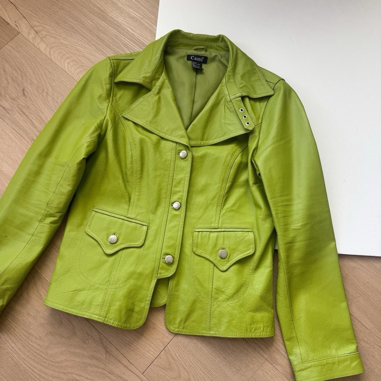 Green Leather Jacket Medium Button Up Vintage Y2K… - image 2