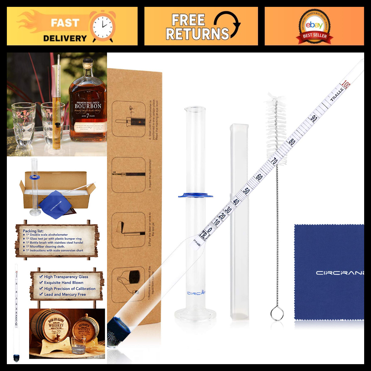 0-200 Proof Alcohol Hydrometer Kit with Glass Test Jar & Cylinder - Accurate Liq