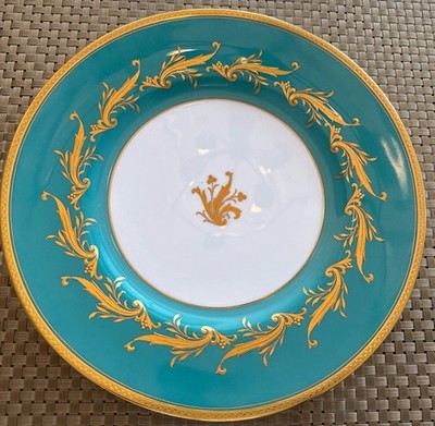 VNT Mintons Ovington Brothers Turquoise Green GOLD Encrusted Leaf 4Dinner Plates