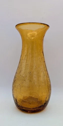 2003 Blenko Crackle Glass Vase 9.5" Amber Hand Blown Mid-Century Modern, Signed