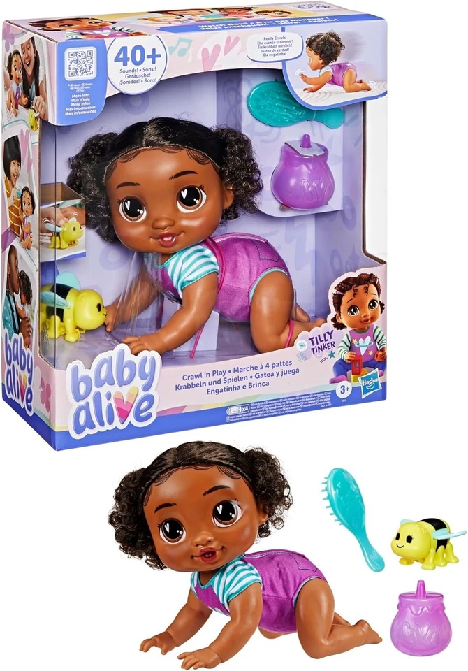 Boneca Baby Alive Crawl N Play Tilly – 13,5" cabelo preto olhos castanhos brinquedo bebê (Leia) - Imagem 2 de 4