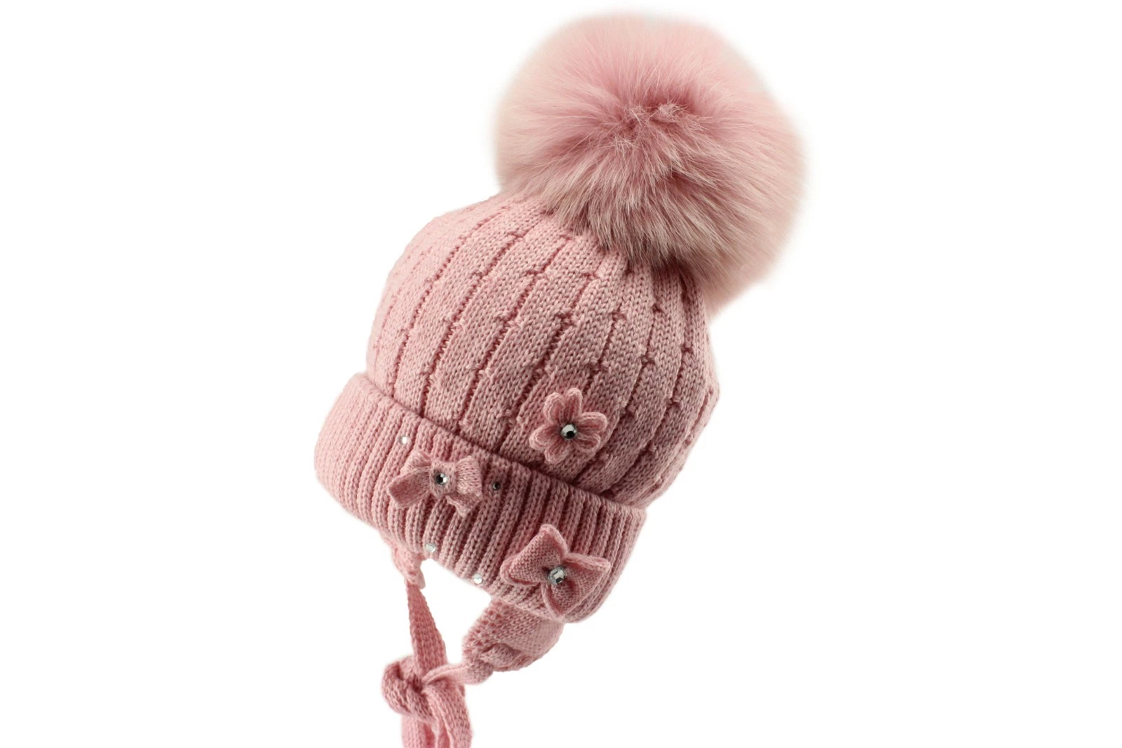 Barbaras Pink Baby Girl Warm Ear Flap Winter Natural Fur Pom Pom Beanie Hat