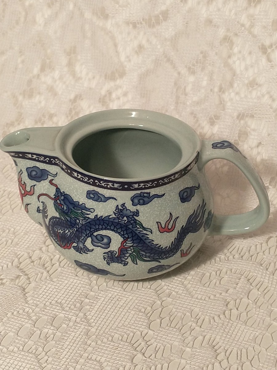 Ceramic Dragon Teapot Tea Time Grey and Blue Design Elegance