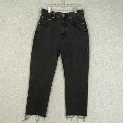 Zara Jeans Womens Size 8 Black Button Fly Raw Hem Cropped Cotton High Rise Denim