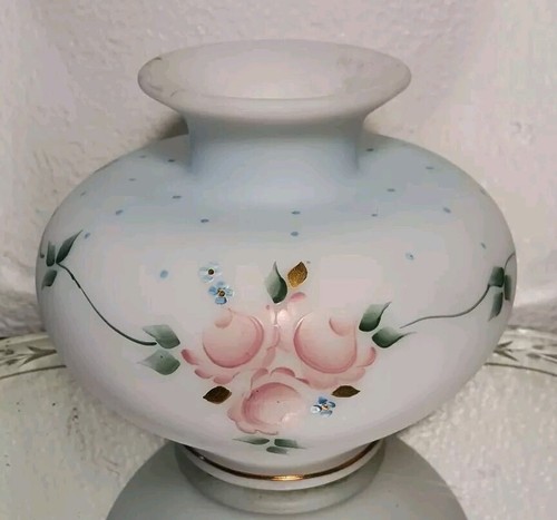 Vintage Fenton Glass Vase Charleton Rose On Satin Milkglass Handpainted Signed 