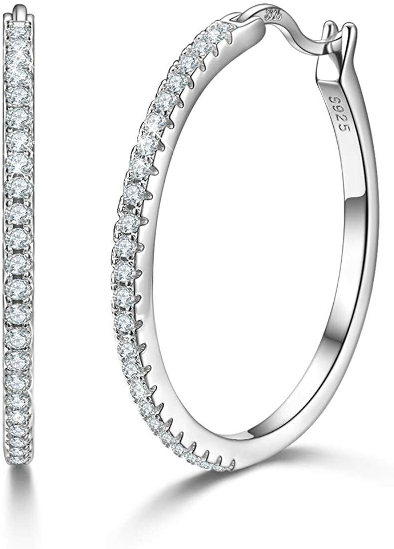 925 Sterling Silver Hoops Big Round Loops Earrings Paved Zircon Halo CZ  Earrings