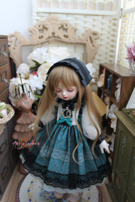 Lolita Court Dress+Headwear Dark Green Clothes for Blythe 1/6 1/4 1/3 BJD Doll