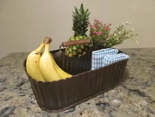 Tin Caddy Carrier With Divider and Wood Handle, Antiqued Weathered Brown, 16"