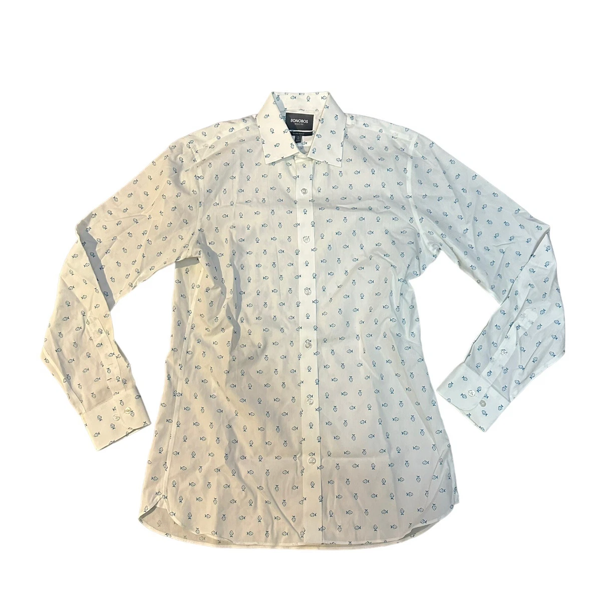 Bonobos Mens Slim Fit Dress Shirt White Blue Fish Size 16 36