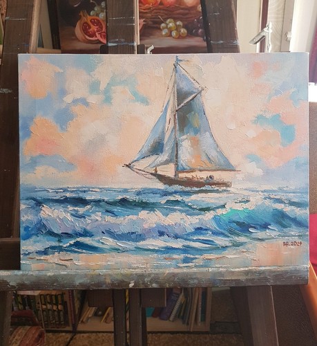 Seascape with Sailboat – 12x16 Original Sunrise or Sunset Painting, Ocean Scene - Picture 7 of 7