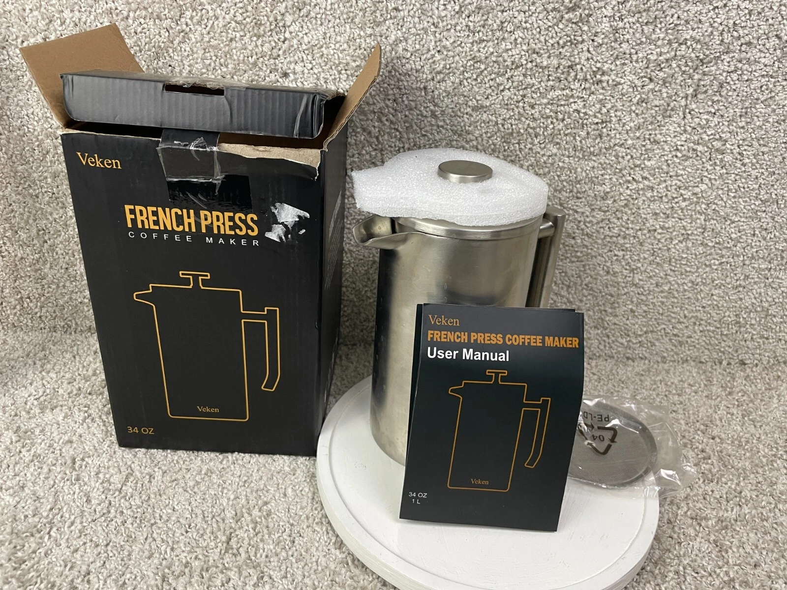 Veken 34oz 1L French Press Coffee Maker 304 Double Stainless Steel Pot w/ Manual