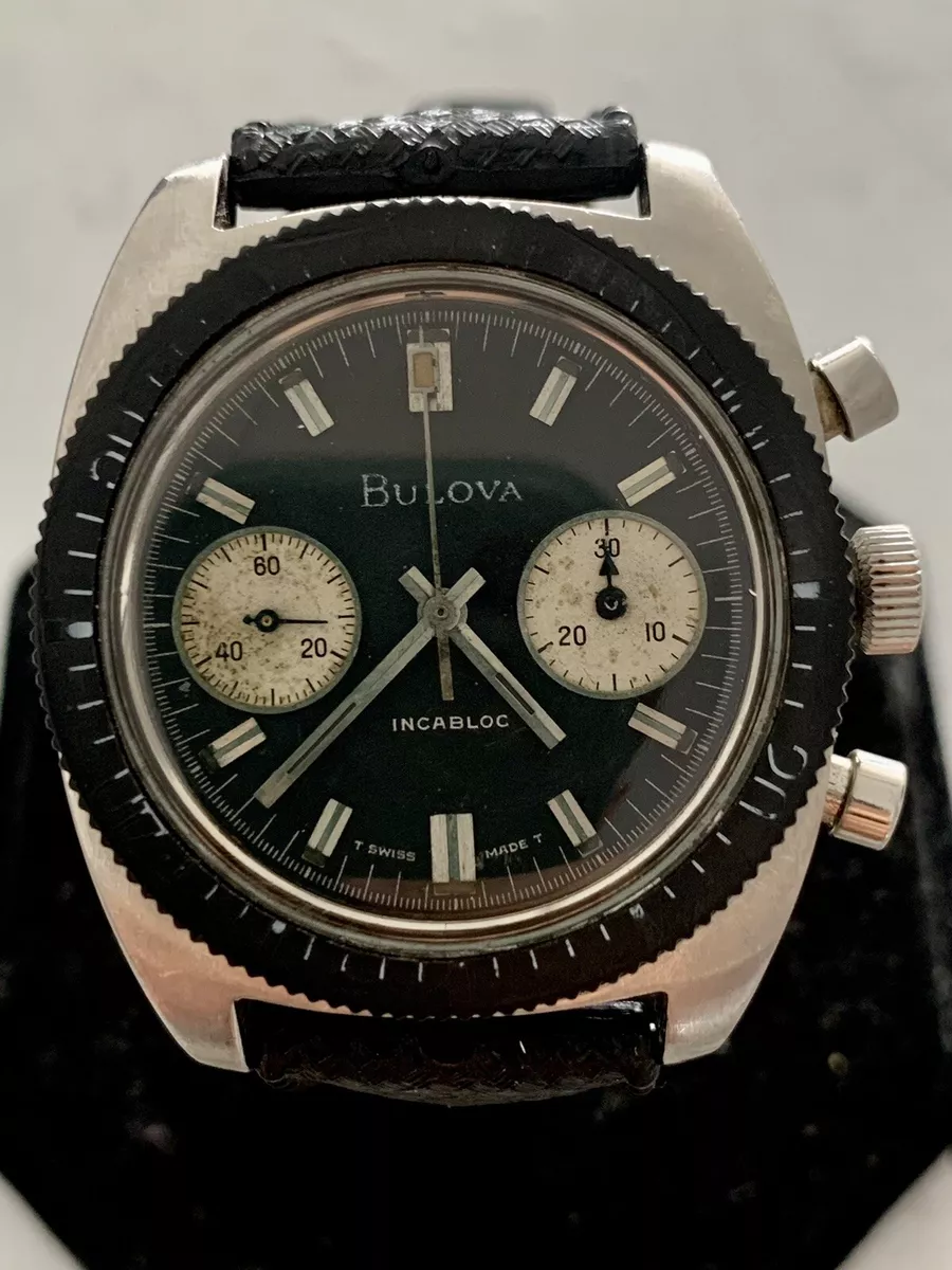 VINTAGE BULOVA INCABLOC 666 CHRONOGRAPH DIVER VALJOUX 7733 BLACK DIAL PANDA