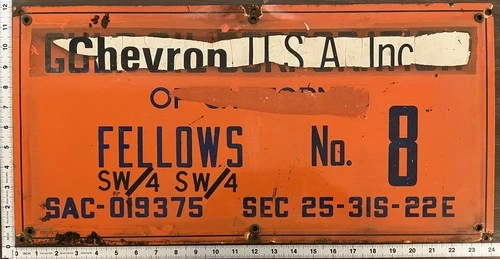 Vintage Porcelain Oil Field Sign - Chevron / Gulf Oil Fellows No 8