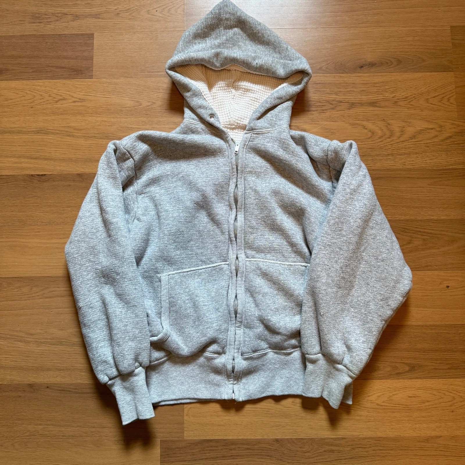 Vintage 1960's Gray Blank Thermal Waffle Lining Zip Up Hoodie Sweatshirt Sz S