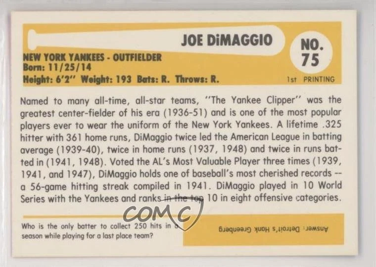 1980-84 SSPC Baseball Immortals 1st Printing Joe DiMaggio #75 HOF - Image 2 of 2