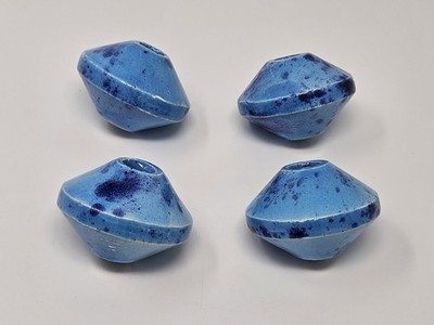 Lot of 4 Vintage Blue Jumbo Saturn Handmade Ceramic Macrame Beads Large Hole