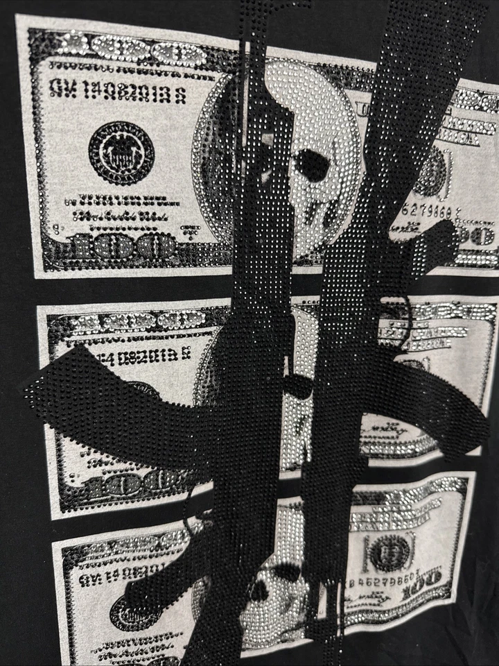 Avenue George V Paris 男式 T 恤尺寸 L 黑色银色水钻 Money Ak — 第 3/4 张图片