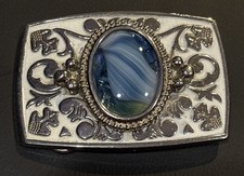 Vintage White and Silver Tone Belt Buckle with Blue Cabochon
