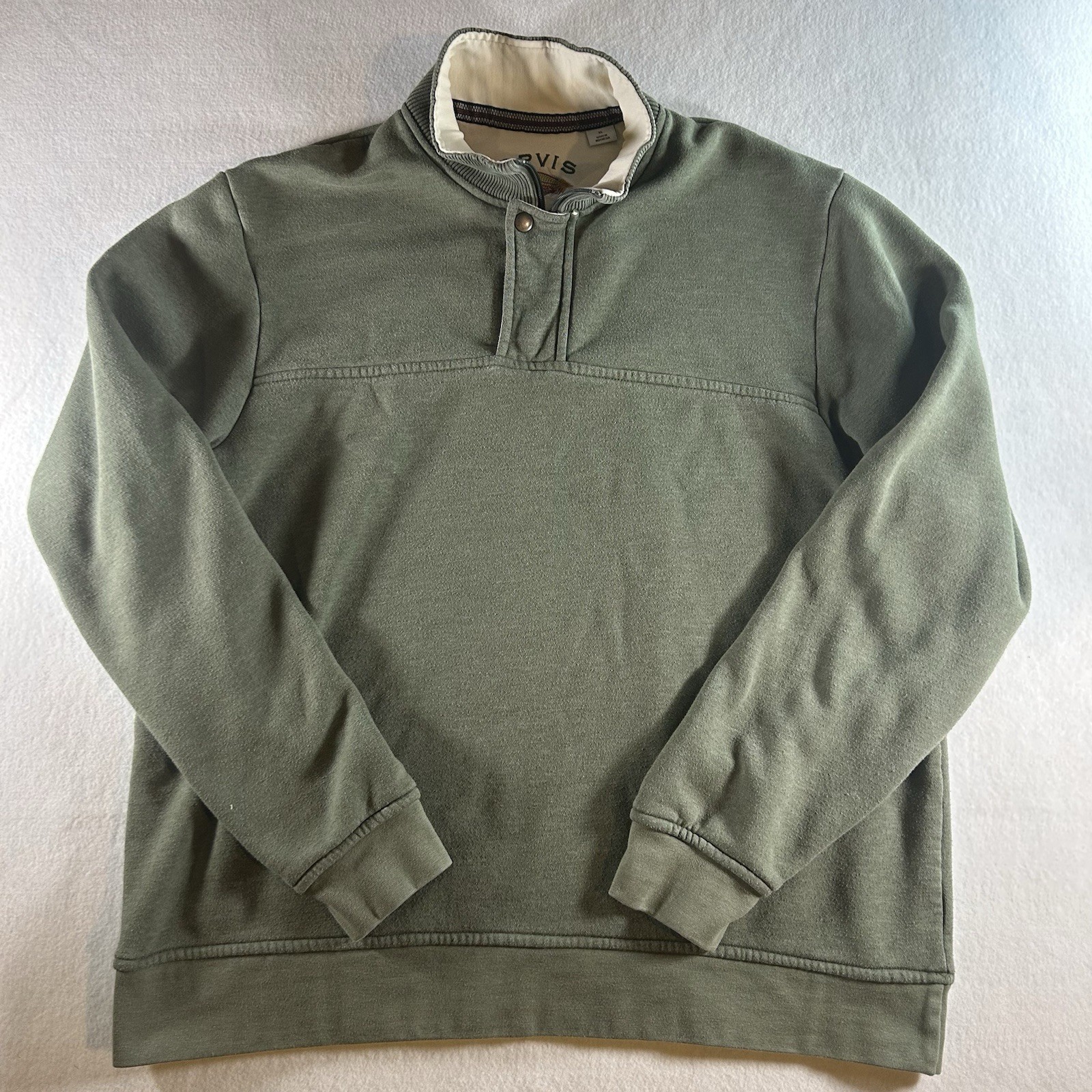 Orvis Mens Pullover Sweatshirt XL Green Snap Collar Fleece Lined Fishing Outdoor