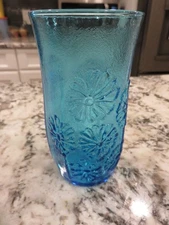 VTG Anchor Hocking Spring Song Daisy Aqua Electric Blue 5 5/8" Iced Tea Tumbler