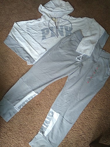 Victoria’s Secret PINK Color Block Logo Hoody & Skinny Jogger Set L HTF 2017
