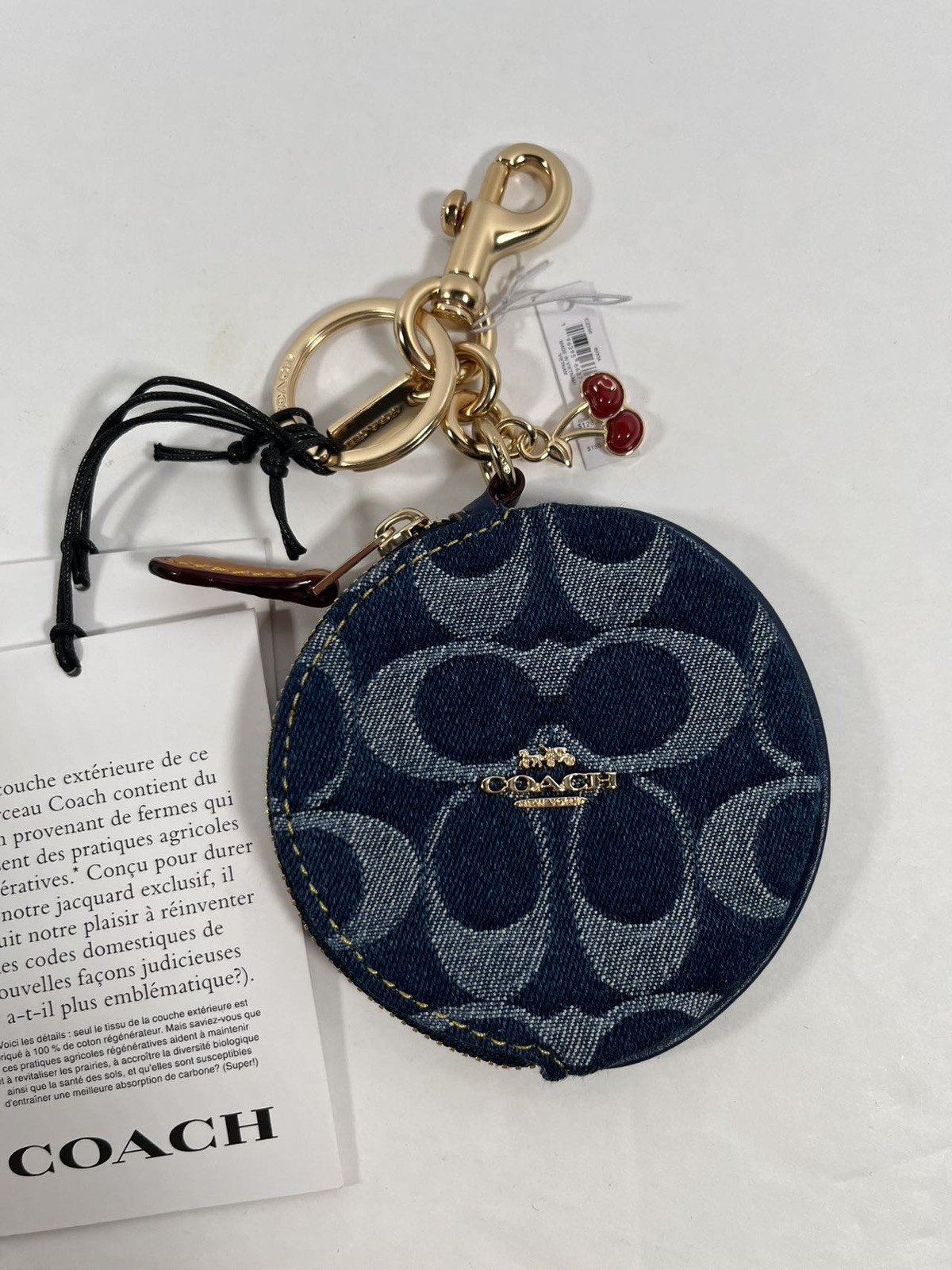 NEW Coach Circular Coin Pouch Bag Charm In Signature Gold/Denim/Natural CZ256