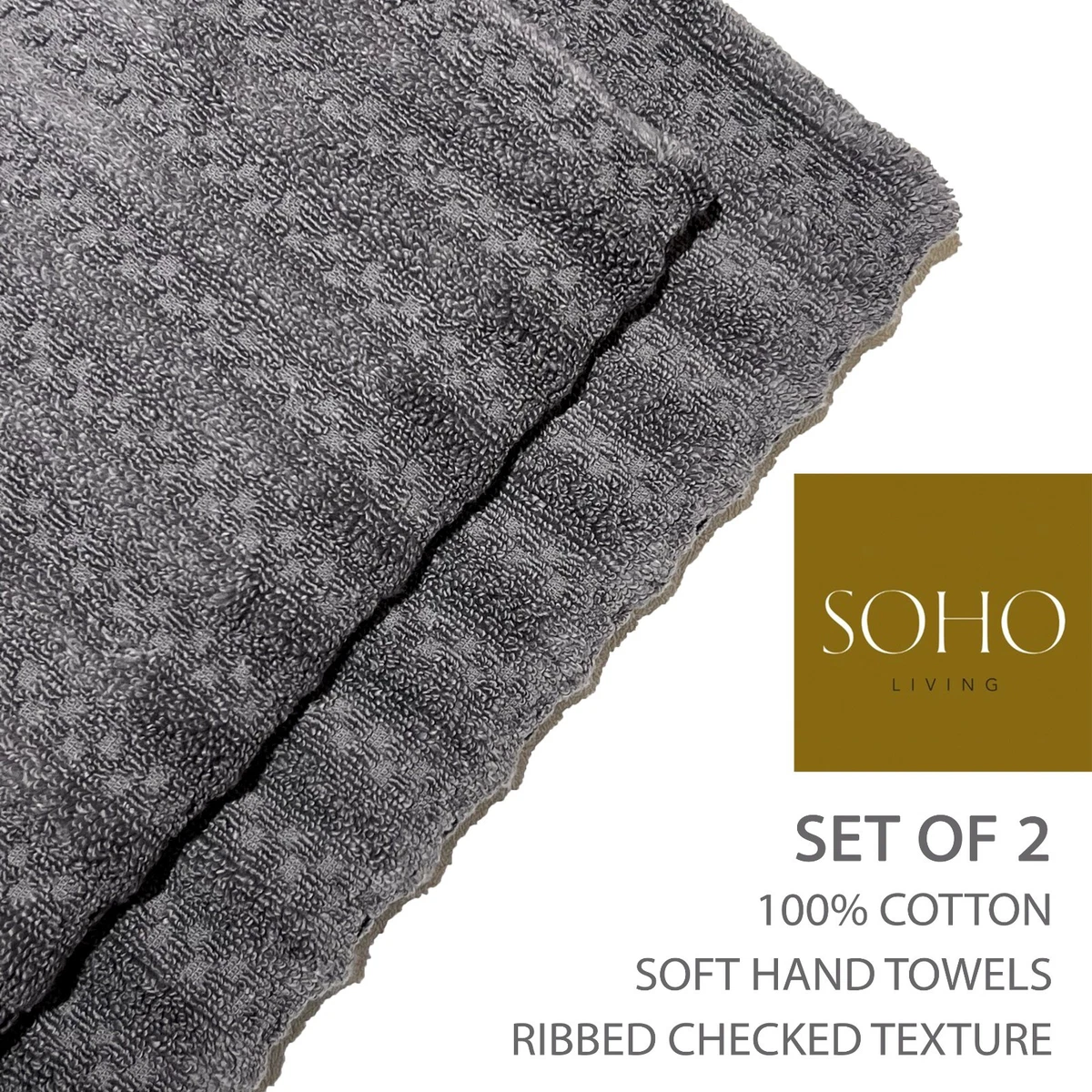 2-PK New SOHO LIVING Absorbent Cotton Hand Towels Gray Ribbed Checked  Texture