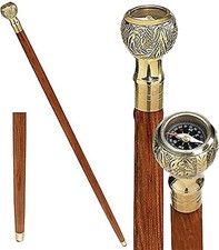 Antique Brass Compass on Top Head Handle Brown Wooden Walking Stick Cane Vintage