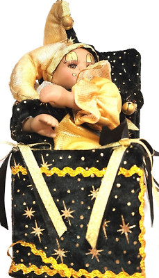 Very Cute 7'' Mardi Gras Jester Black & Gold Music Box