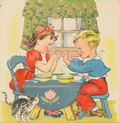 Set of TWO 5x5 Vintage Retro Kids PATTY CAKE Lunch Craft Cotton Fabric Blocks