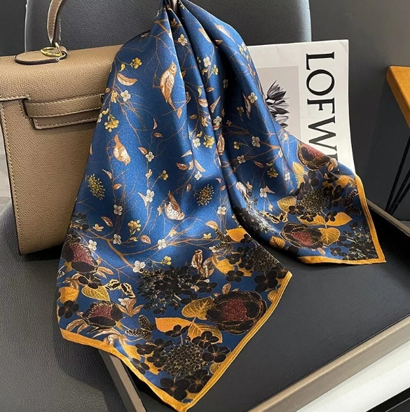 Vintage Blue Leaves Square Scarf Bandana Wrap 68x68cm for Women-image