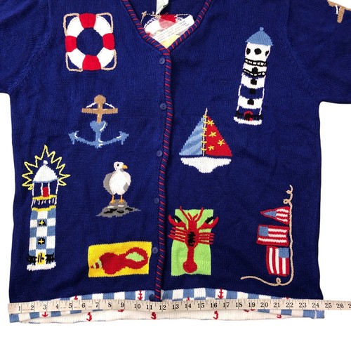 Quacker Factory Nautical Cardigan Sweater Size 1X Blue Lobster Lighthouse New - Picture 5 of 9