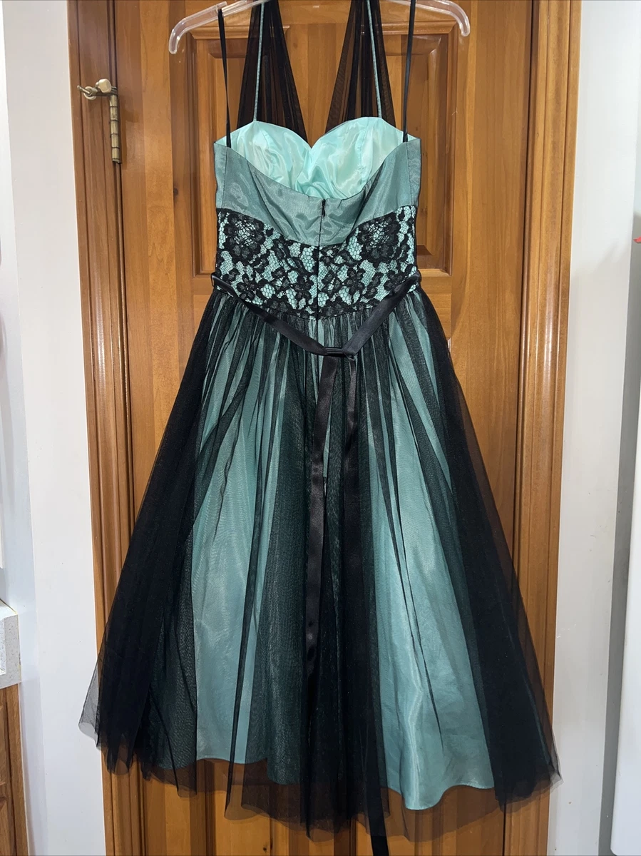 Vintage 90s Cache Halter Prom Dress Size 2 Mint Green Black Tulle
