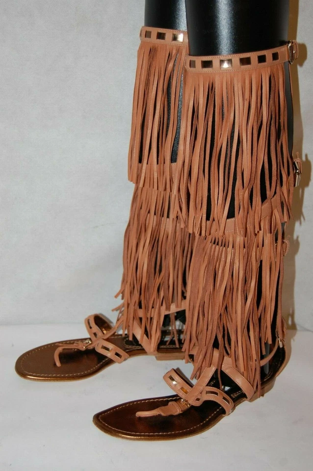 37.5/7.5❤️$1250 BRIAN ATWOOD MADE ITALY TAN LEATHER KNEE HIGH GLADIATOR SANDALS - Image 4 of 4