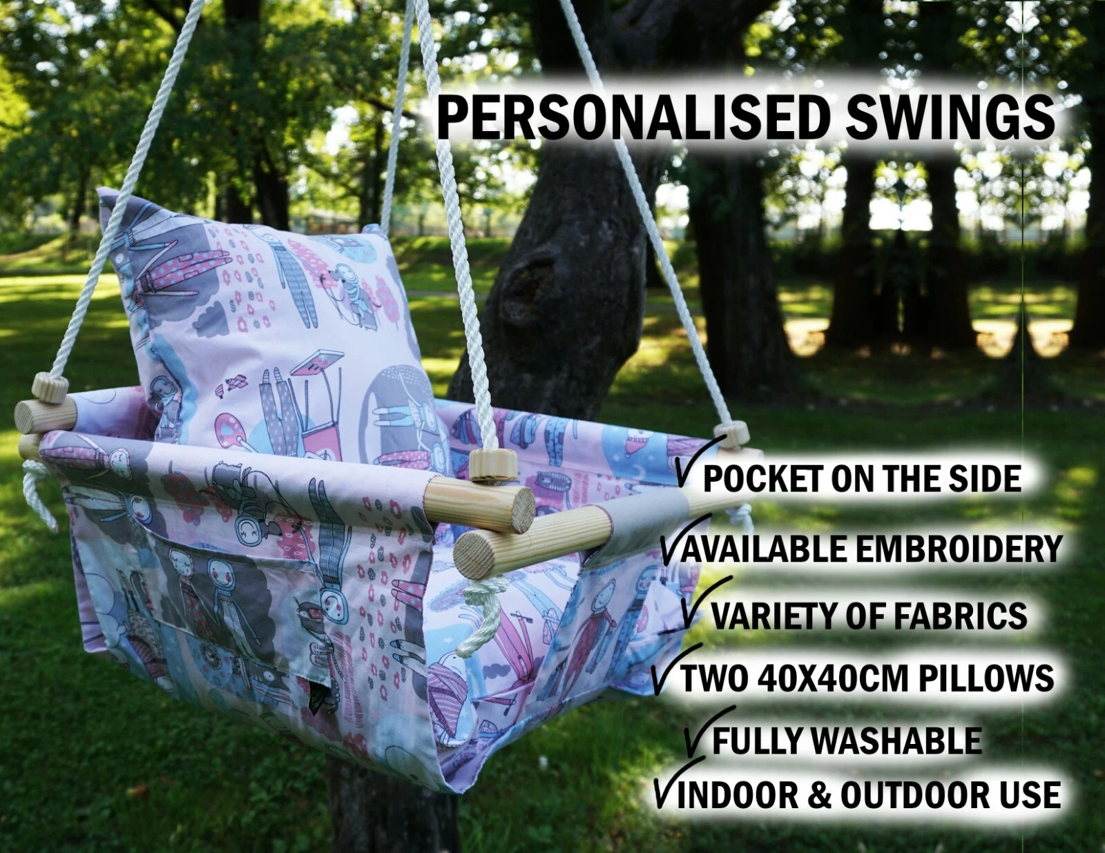 Baby Children Kids Indoor Outdoor Garden Personalized Wood SWING comic, animal
Opens in a new window