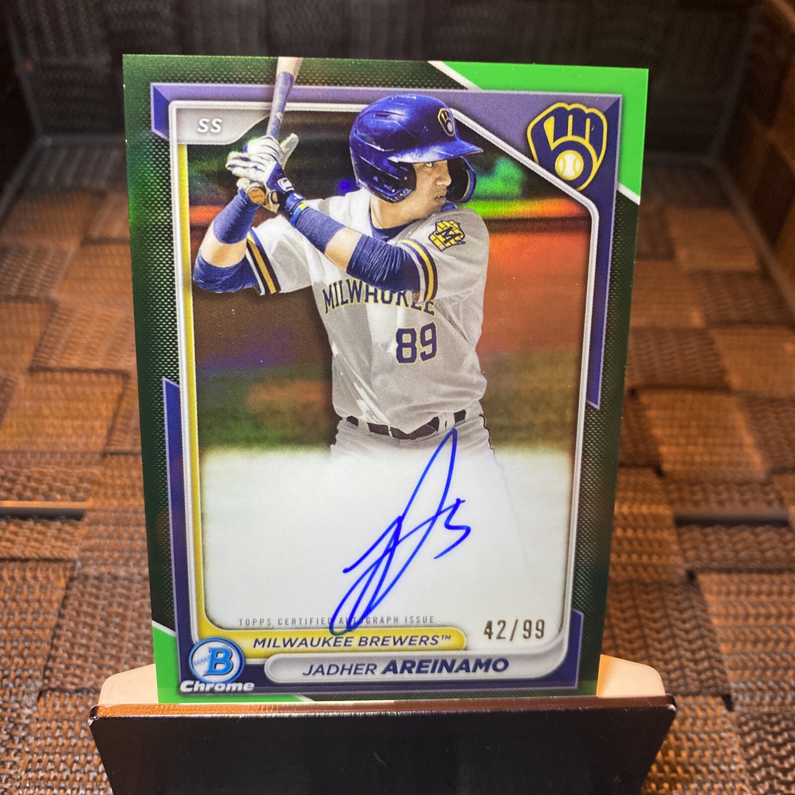 2024 Bowman Chrome Jadher Areinamo Auto Green SP /99 CPA-JA Brewers Prospect