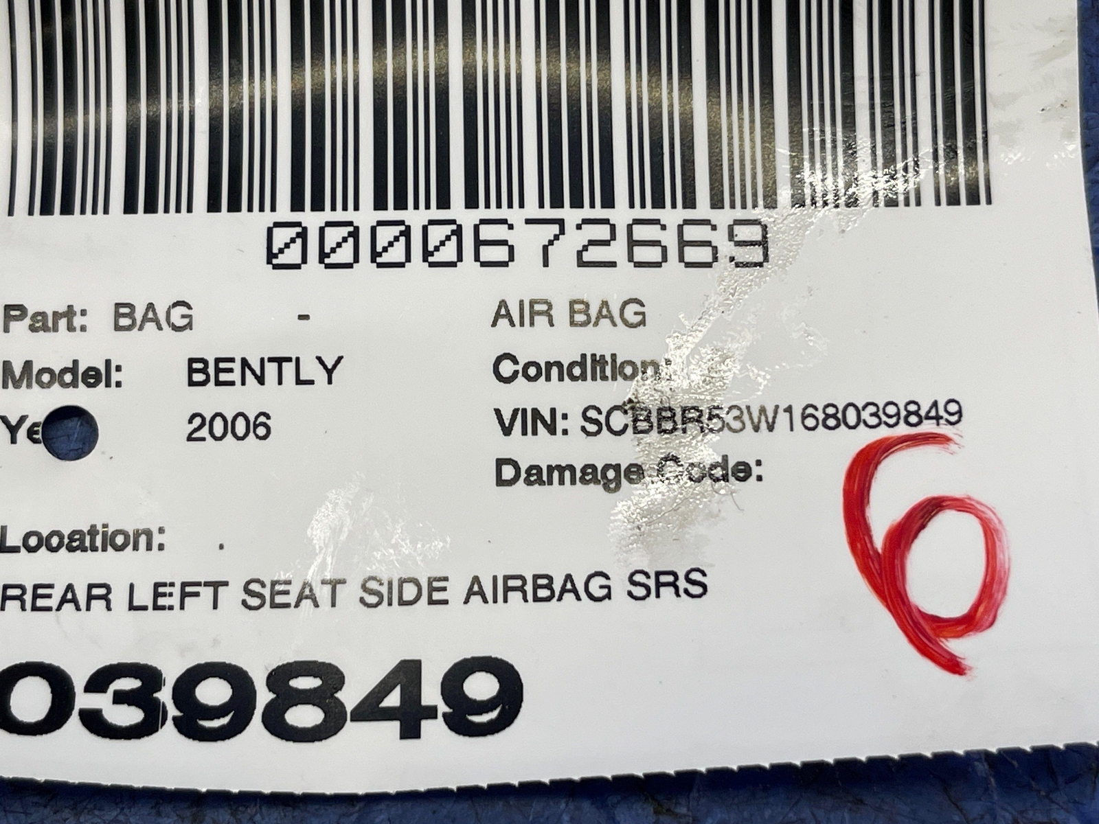 2006-2012 BENTLEY CONTINENTAL FLYING SPUR REAR LEFT SEAT SIDE AIRBAG SRS ASSY