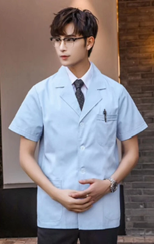 Men Short Coat Doctor Nurse Jacket Medical Lab Uniform Blue Work Clothes - Image 3 of 3