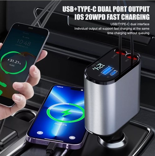 4 IN 1 Retractable Car Charger Cable Dual Port USB C PD Fast Charging Adapter - 第 6/12 張圖片