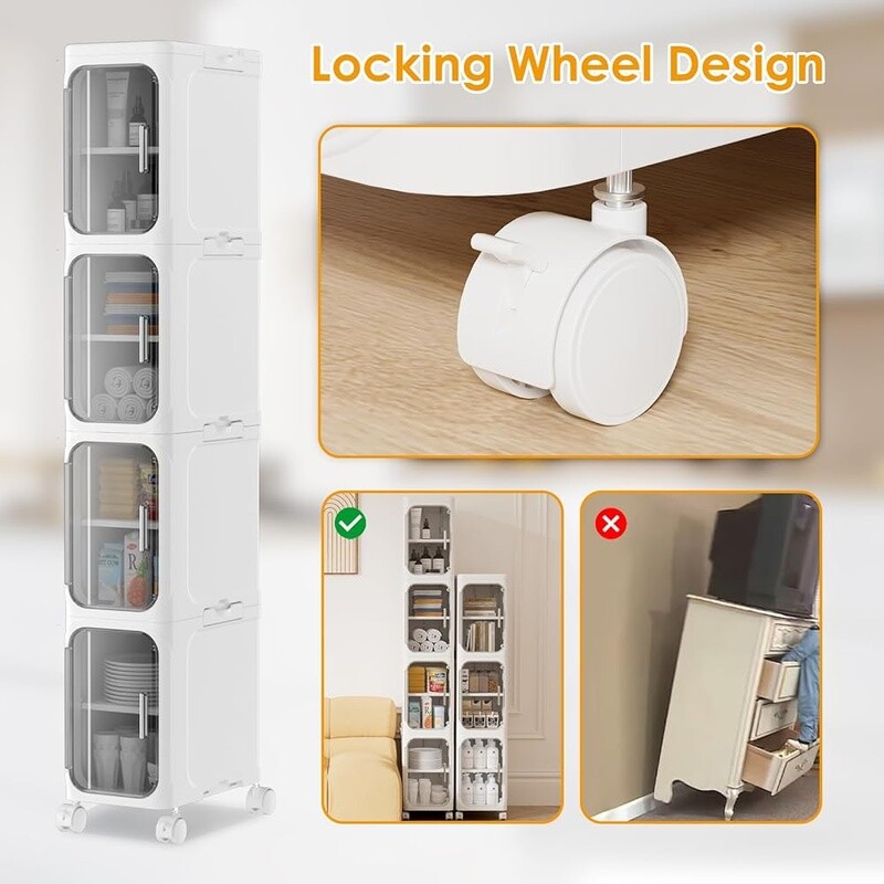 4 Tier Narrow Bathroom Storage Cabinet W/ Locking Wheels Adjustable Shelves New