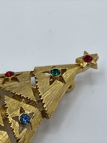 Broche prendedor árbol de Navidad tono dorado con piedras multicolores pedrería joyería ☼ - Imagen 4 de 23