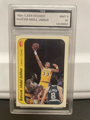 1986 Fleer Sticker #1 Kareem Abdul Jabbar FGS 9 Mint LA Lakers NBA Hof 
