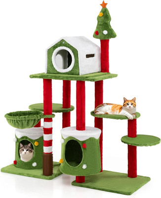 58 Inch Cat Christmas Tree, Multi-Level Cat Tower with 3 Cat Condos, Cat Self Gr
