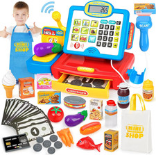 Cash Register Toy for Kids with Real Calculator, Cashier Register with Scanner/W