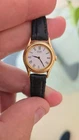 Seiko Quartz Women's Watch Gold Tone Black Leather Strap 2P20-0089